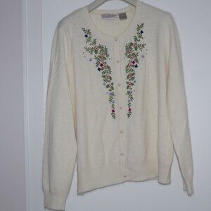 Cream Cardigan with Floral Embroidery angora blend cardigan sweater L